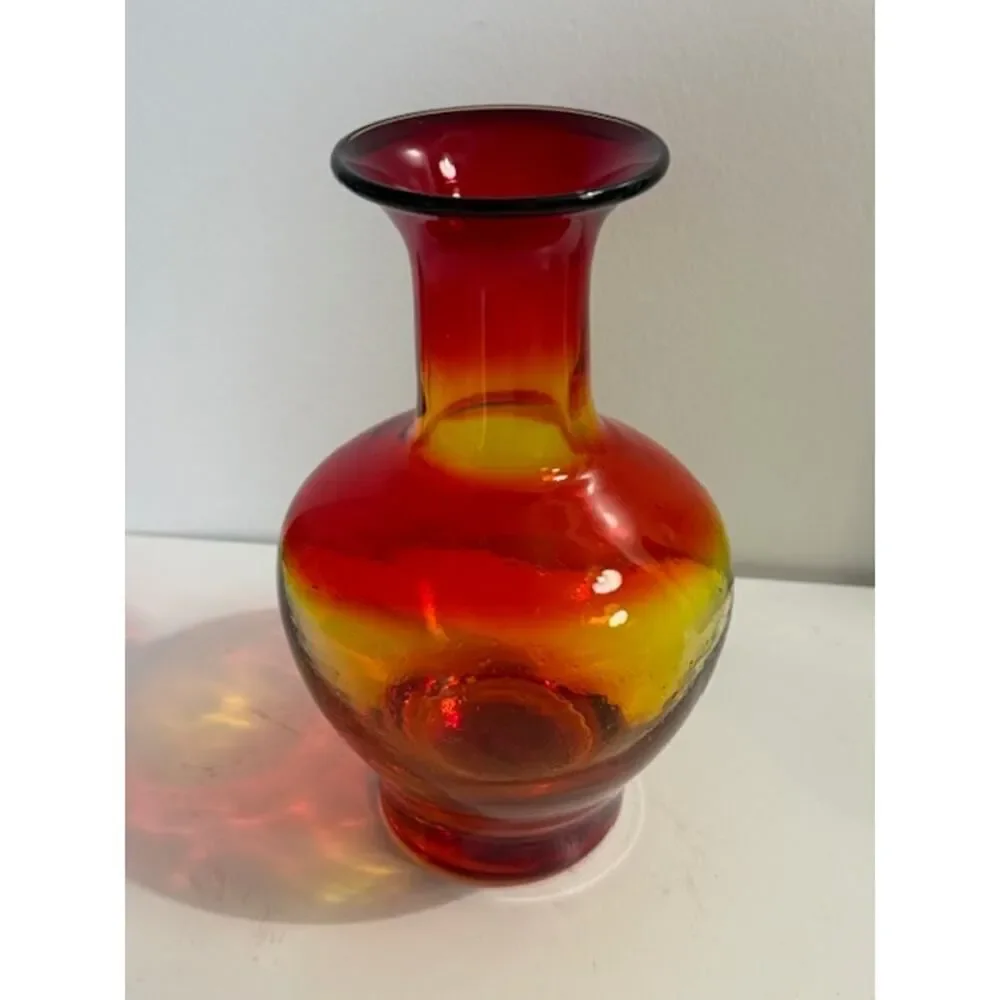 BLENKO Tangerine Amberina Blown Glass Vase Vintage Art Glass Sticker Signed
